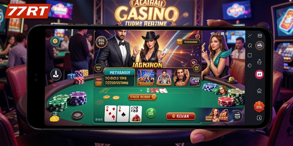 Tampilan utama aplikasi 77RT dengan gameplay Live Casino yang seru.